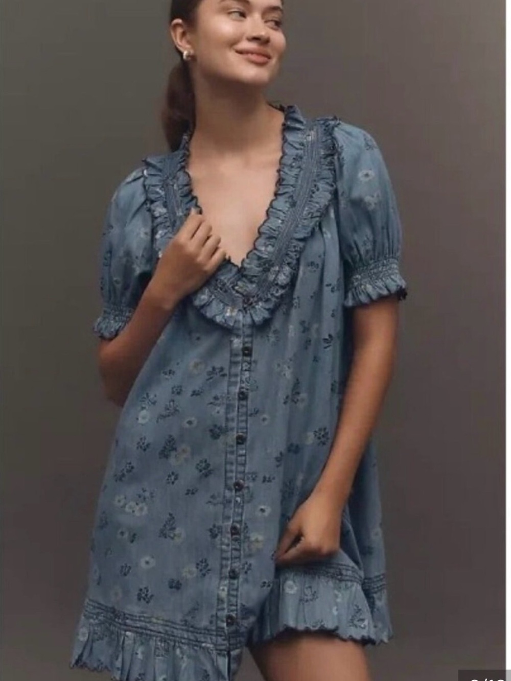 Anthropologie Blue Floral Ruffle-Trim Mini Dress - Picture 3 of 7